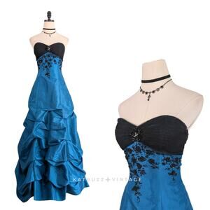 Vintage Prom Dress Maxi Gown 6 Blue Black Y2K Babydoll Princess Goth Princess